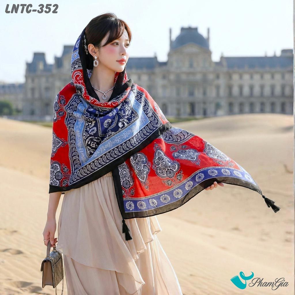 Khăn Choàng Linen Boho Họa Tiết Thổ Cẩm Paisley Phối Màu Đỏ Xanh Nổi Bật (LNTC352)