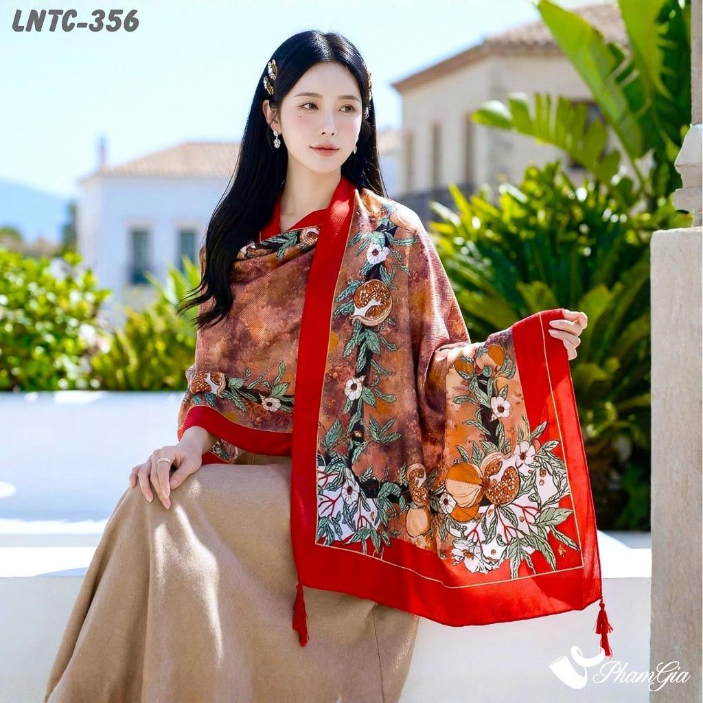 Khăn Choàng Linen Boho Họa Tiết Lựu Chín Màu Đỏ Nổi Bật (LNTC356)