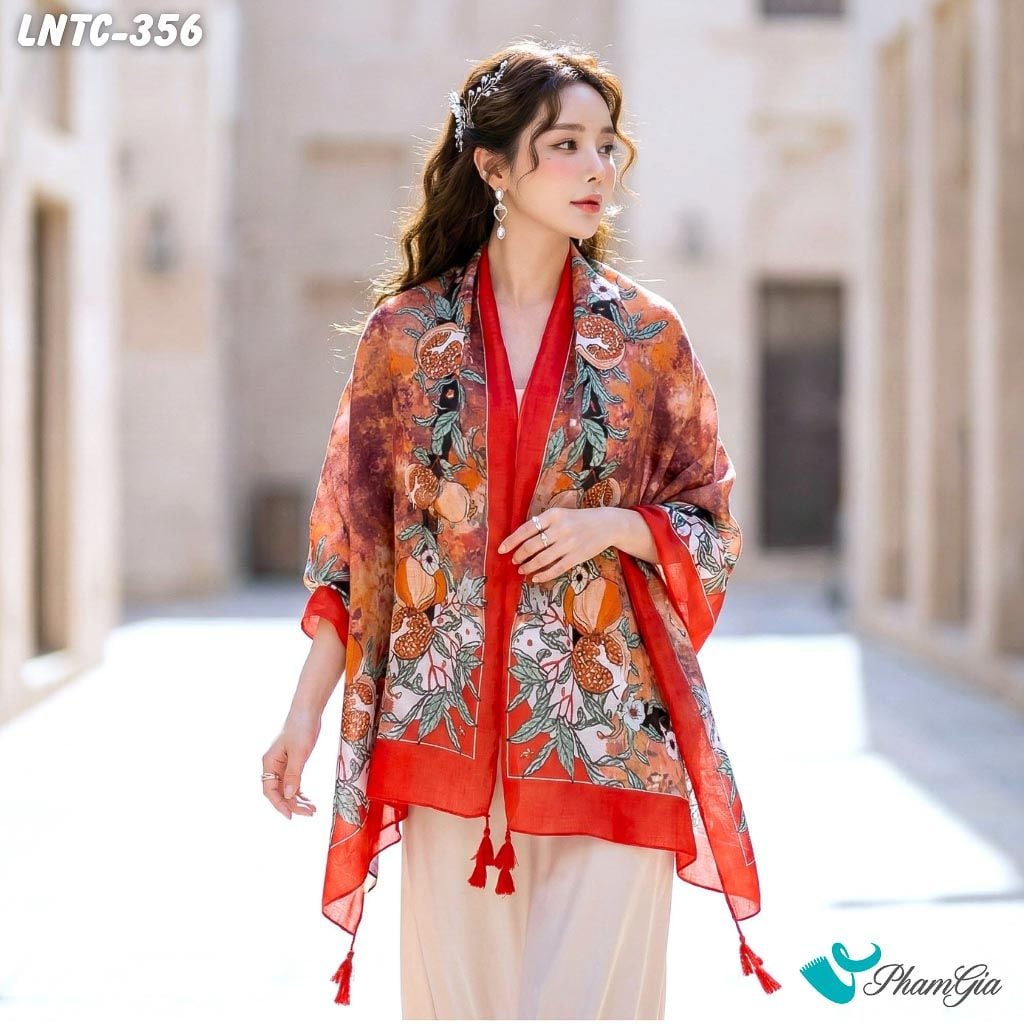 Khăn Choàng Linen Boho Họa Tiết Lựu Chín Màu Đỏ Nổi Bật (LNTC356)
