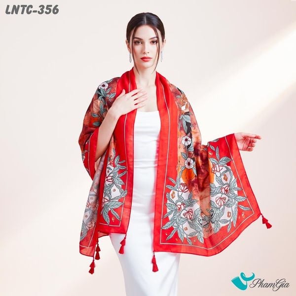 Khăn Choàng Linen Boho Họa Tiết Lựu Chín Màu Đỏ Nổi Bật (LNTC356)