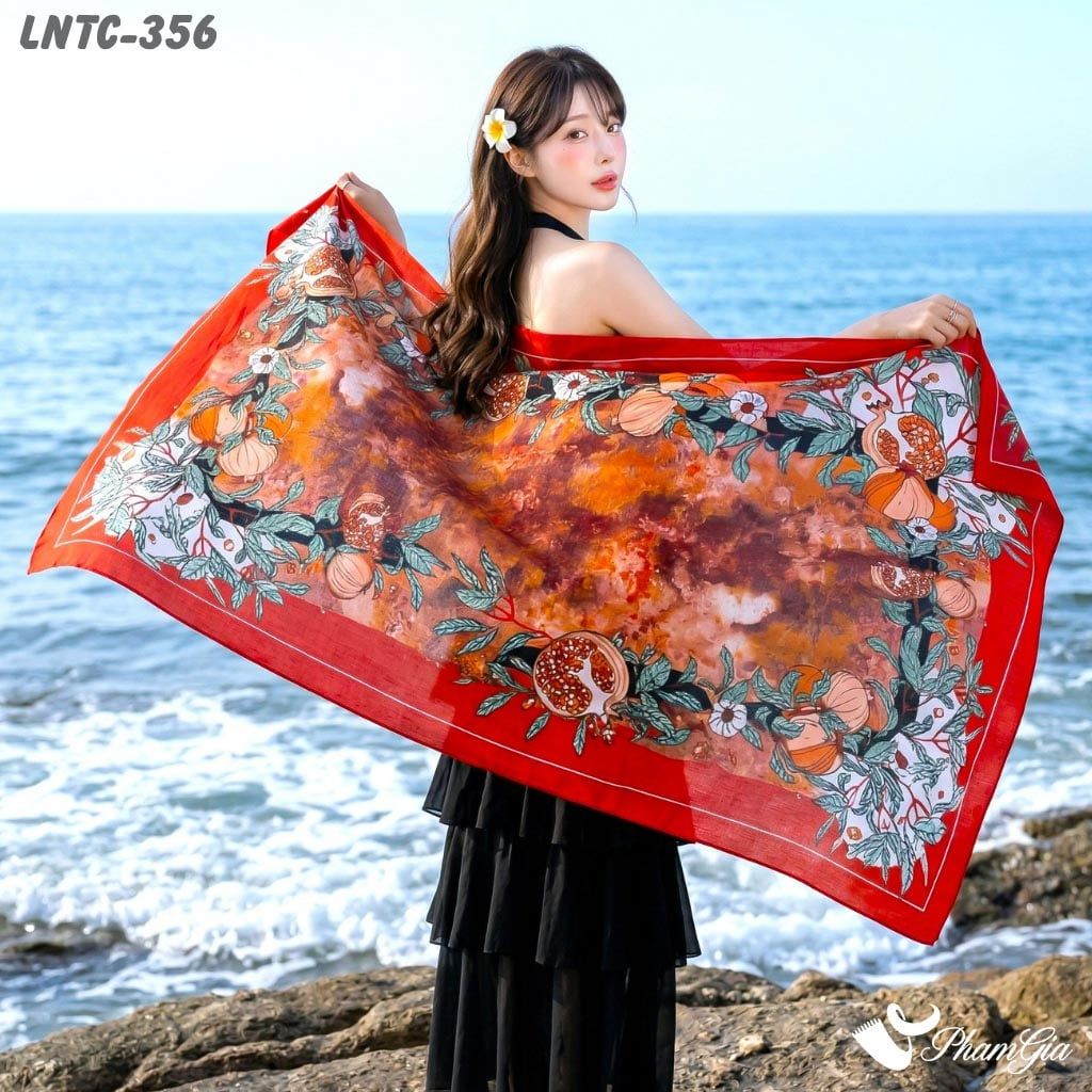 Khăn Choàng Linen Boho Họa Tiết Lựu Chín Màu Đỏ Nổi Bật (LNTC356)