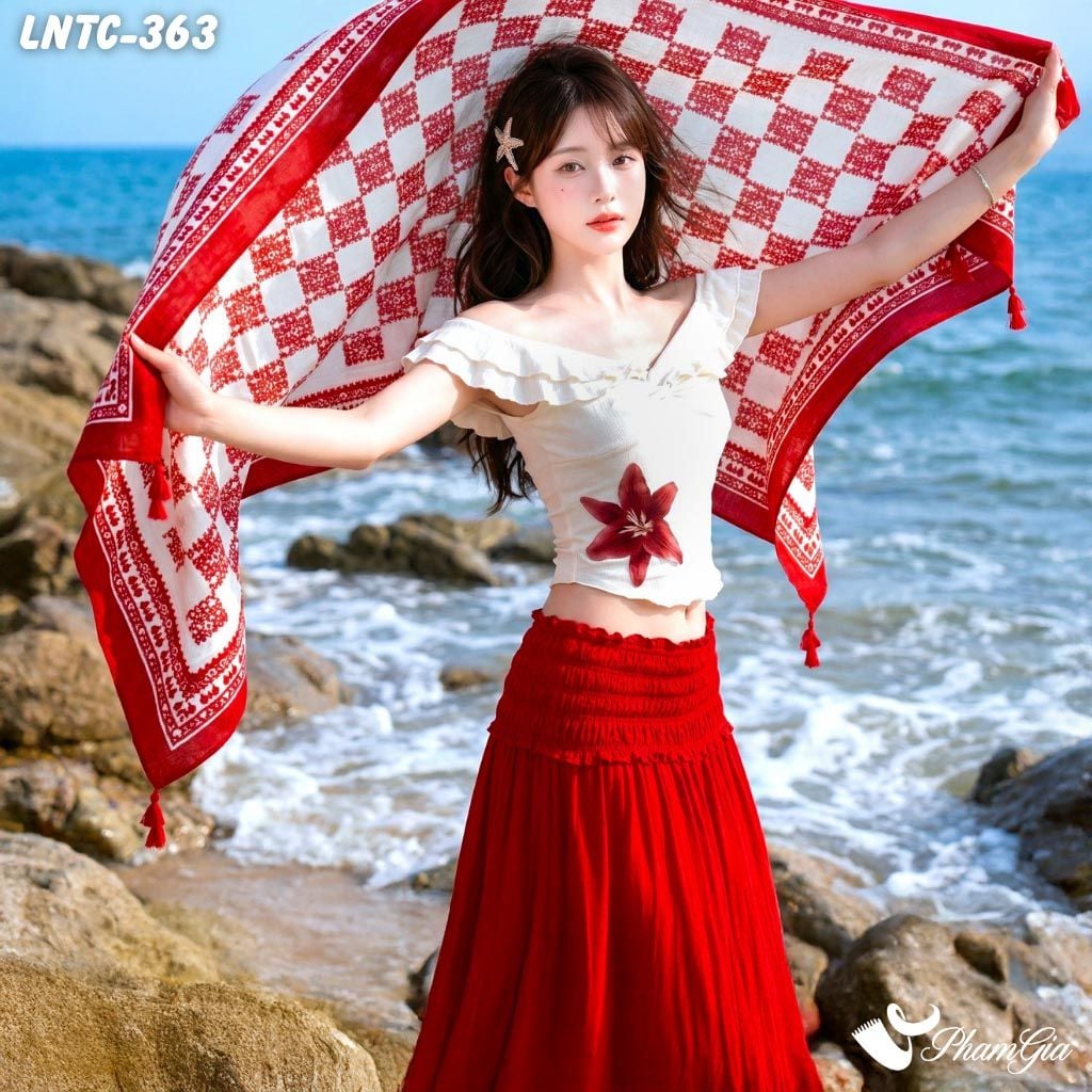 Khăn Choàng Linen Boho Họa Tiết Caro Thổ Cẩm Màu Đỏ Nổi Bật (LNTC363)