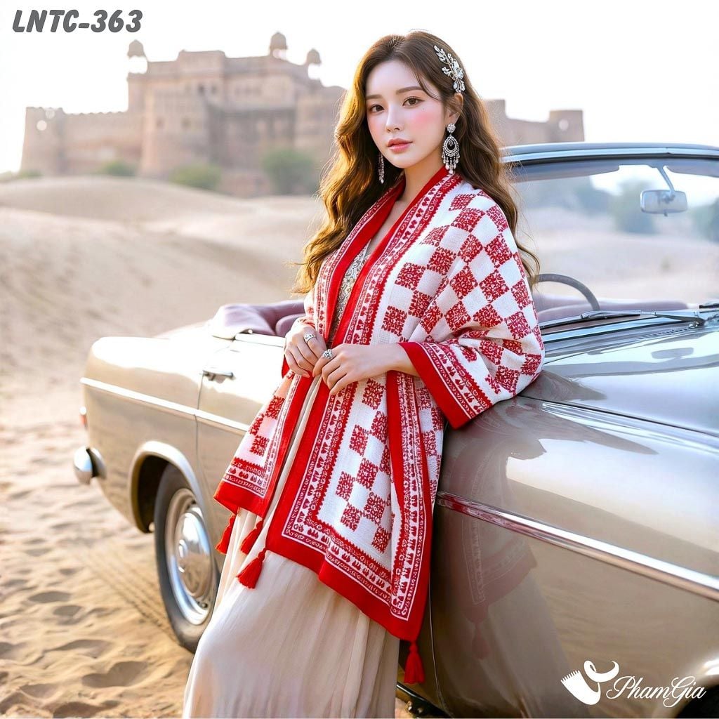 Khăn Choàng Linen Boho Họa Tiết Caro Thổ Cẩm Màu Đỏ Nổi Bật (LNTC363)