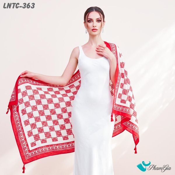 Khăn Choàng Linen Boho Họa Tiết Caro Thổ Cẩm Màu Đỏ Nổi Bật (LNTC363)