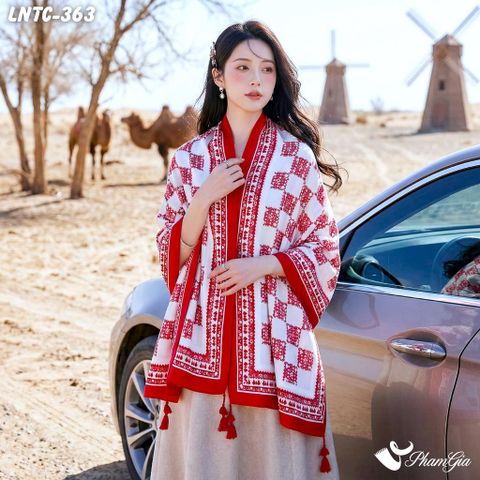 Khăn Choàng Linen Boho Họa Tiết Caro Thổ Cẩm Màu Đỏ Nổi Bật (LNTC363)