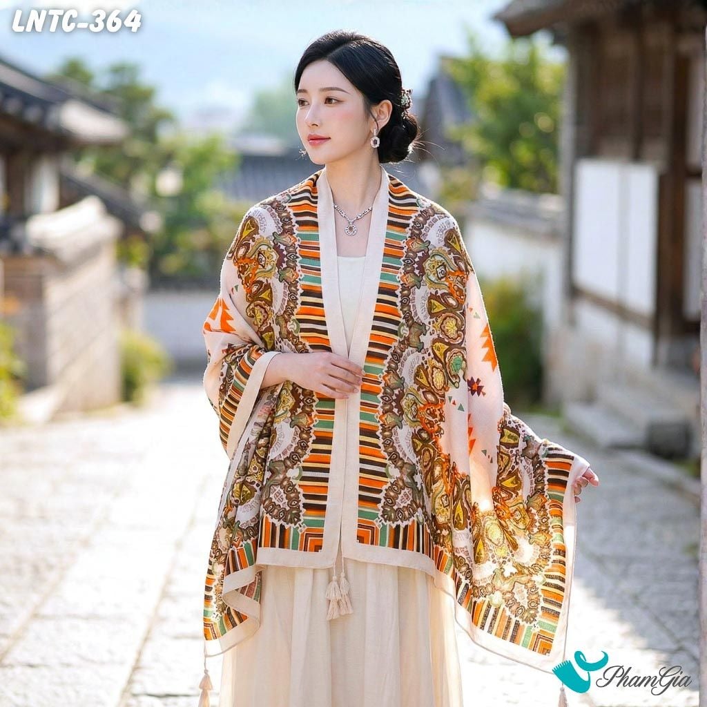 Khăn Choàng Linen Boho Họa Tiết Thổ Cẩm Màu Trắng Kem Cá Tính (LNTC364)