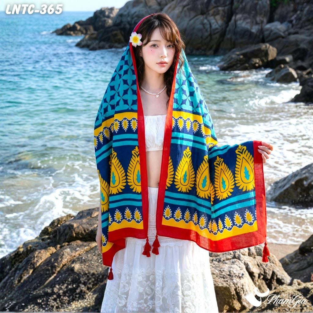 Khăn Choàng Linen Boho Họa Tiết Thổ Cẩm Màu Xanh Navy Tươi Mới (LNTC365)