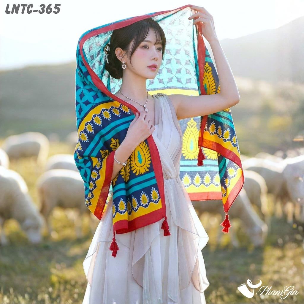 Khăn Choàng Linen Boho Họa Tiết Thổ Cẩm Màu Xanh Navy Tươi Mới (LNTC365)