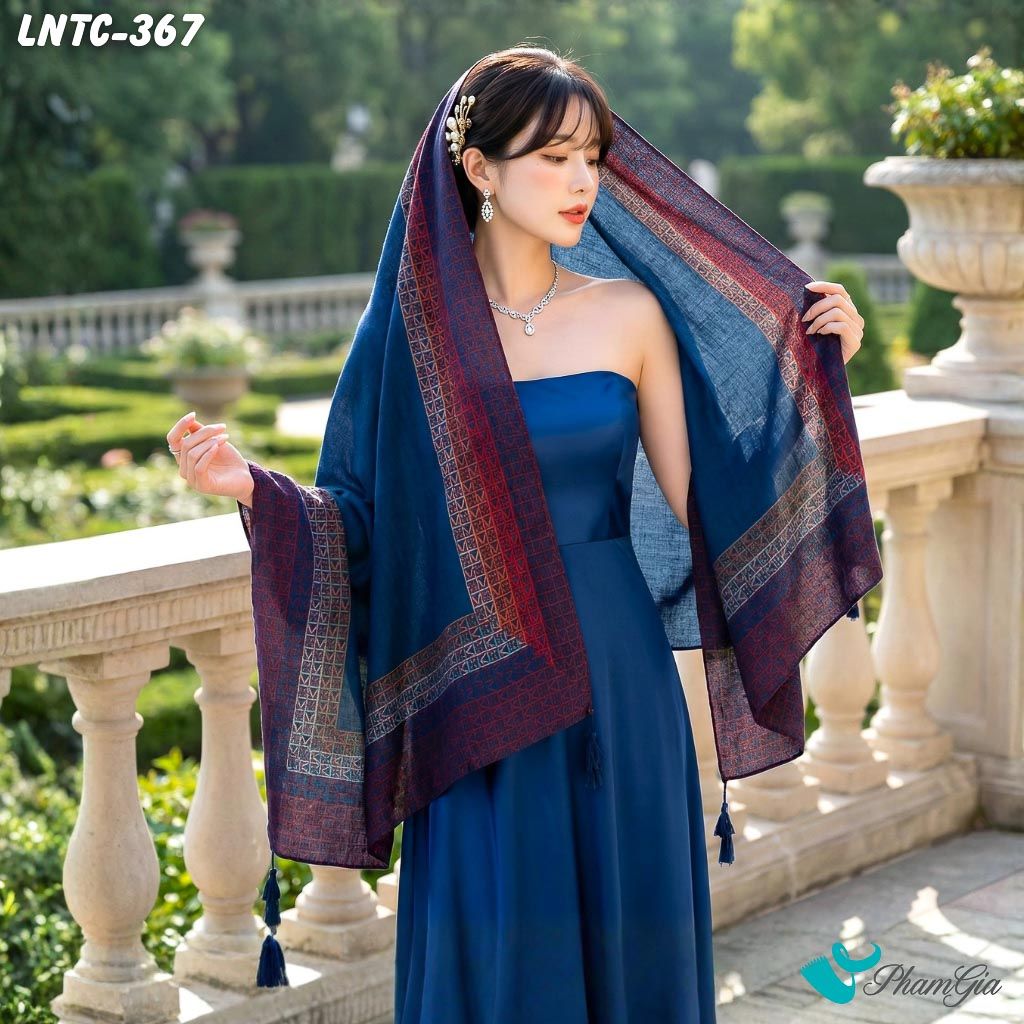 Khăn Choàng Linen Boho Họa Tiết Thổ Cẩm Màu Xanh Navy Cá Tính (LNTC367)