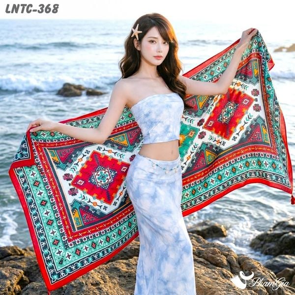 Khăn Choàng Linen Boho Họa Tiết Thổ Cẩm Tribal Nhiều Màu Phối Viền Đỏ Độc Đáo (LNTC368)