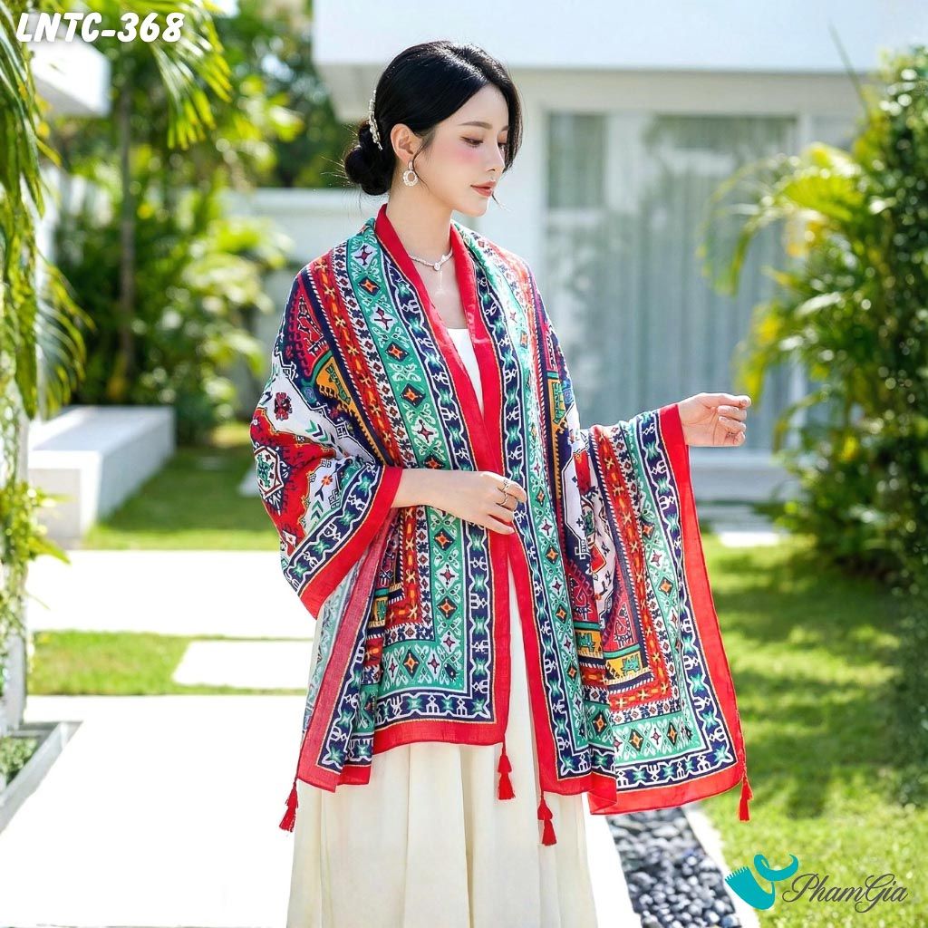 Khăn Choàng Linen Boho Họa Tiết Thổ Cẩm Tribal Nhiều Màu Phối Viền Đỏ Độc Đáo (LNTC368)