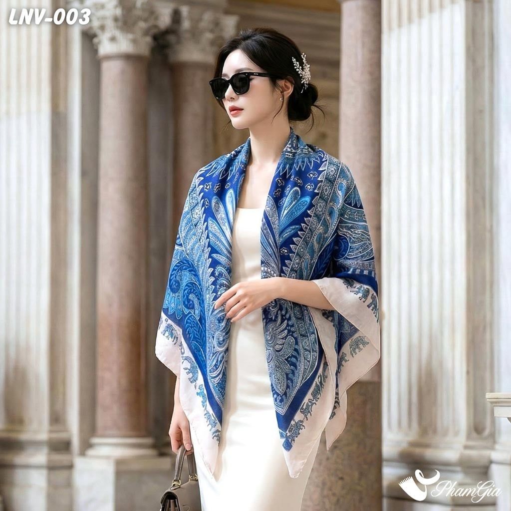 Khăn Choàng Linen Vuông Họa Tiết Paisley Màu Xanh Navy Cá Tính (LNV003)