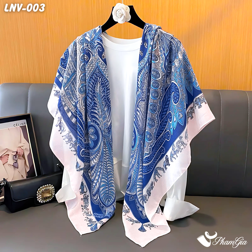 Khăn Choàng Linen Vuông Họa Tiết Paisley Màu Xanh Navy Cá Tính (LNV003)