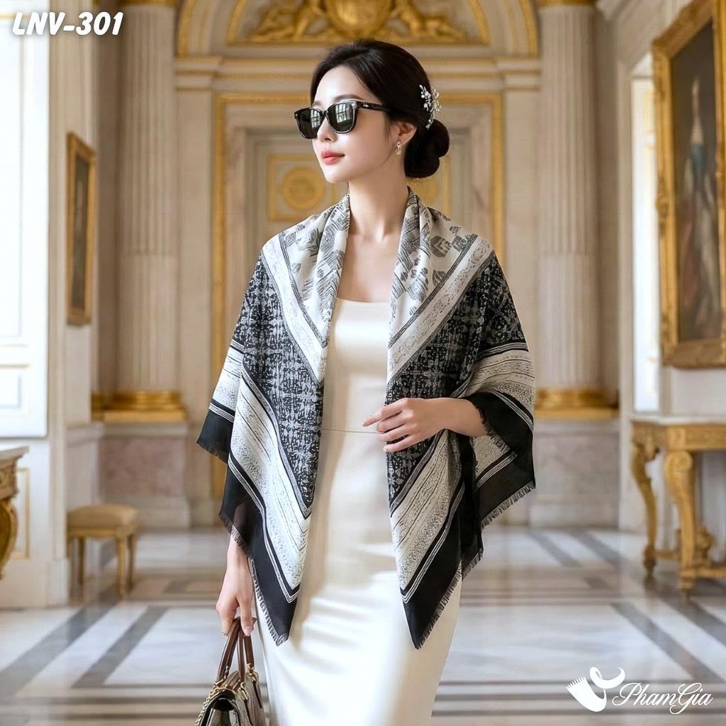 Khăn Choàng Linen Vuông Họa Tiết Thổ Cẩm Trắng Đen Thời Thượng (LNV301)