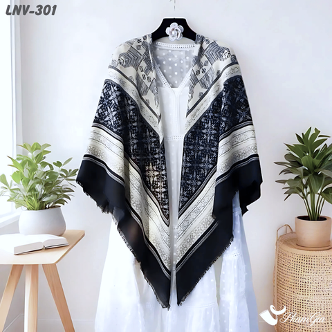 Khăn Choàng Linen Vuông Họa Tiết Thổ Cẩm Trắng Đen Thời Thượng (LNV301)