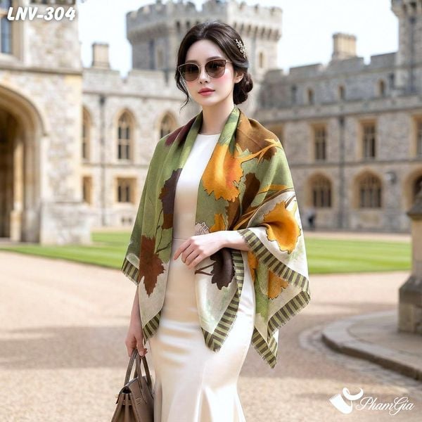 Khăn Choàng Linen Vuông Họa Tiết Hoa Nhiệt Đới Màu Beige Thanh Lịch (LNV304)