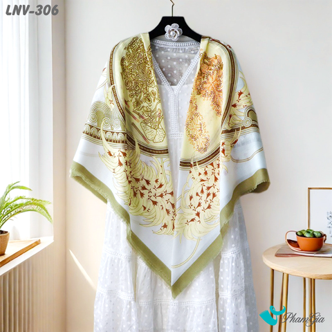 Khăn Choàng Linen Vuông Họa Tiết Vintage Màu Xanh Bơ (LNV306)