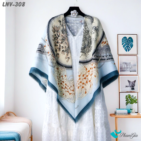 Khăn Choàng Linen Vuông Họa Tiết Vintage Màu Xanh Blue (LNV308)