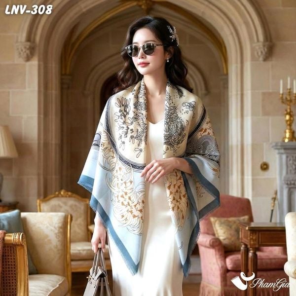 Khăn Choàng Linen Vuông Họa Tiết Vintage Màu Xanh Blue (LNV308)
