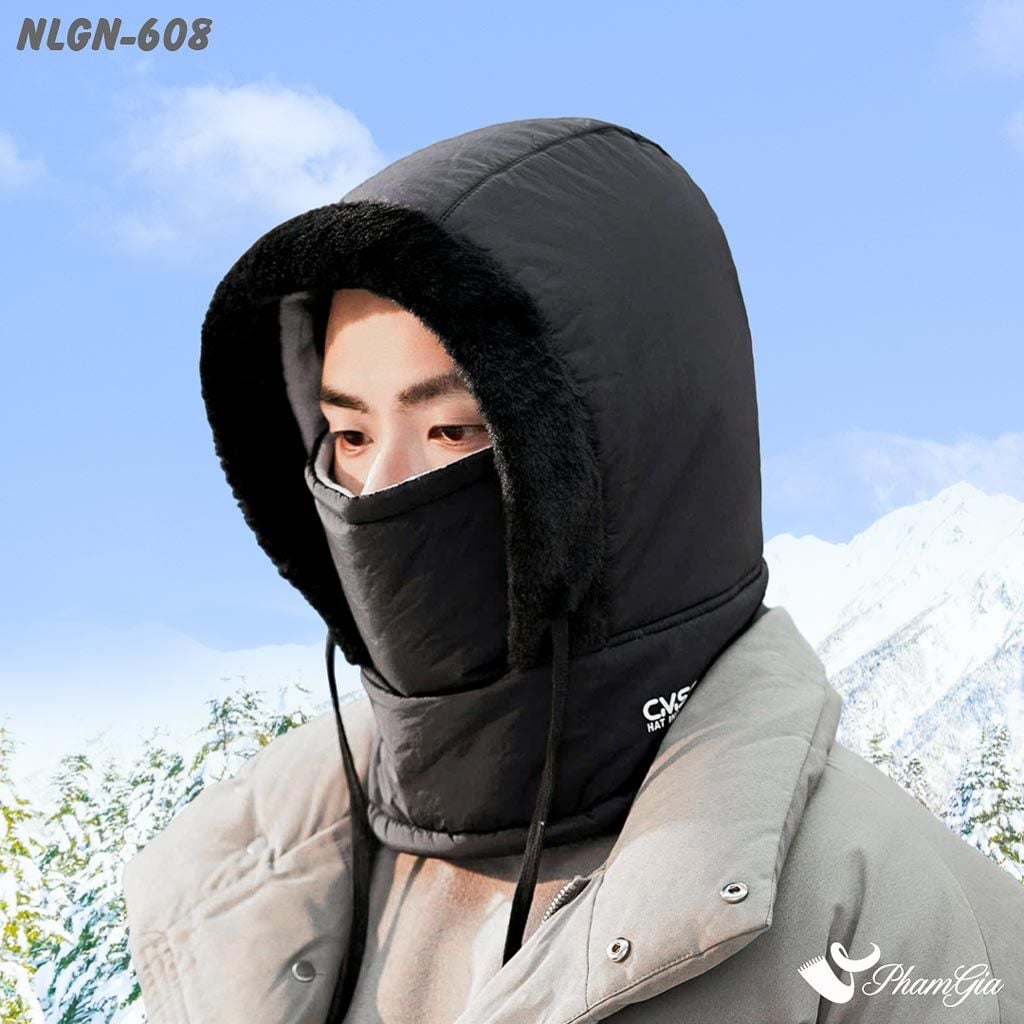 Nón Lông Giữ Nhiệt Chuyên Dụng Tích Hợp Khẩu Trang Giữ Ấm Siêu Dày Màu Đen