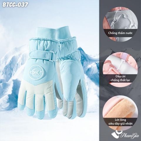 Găng Tay Phao Lót Lông 2 Lớp Siêu Dày Giữ Ấm Mùa Đông, Chống Thấm Nước Cao Cấp Màu Xanh Baby (BTCC037)