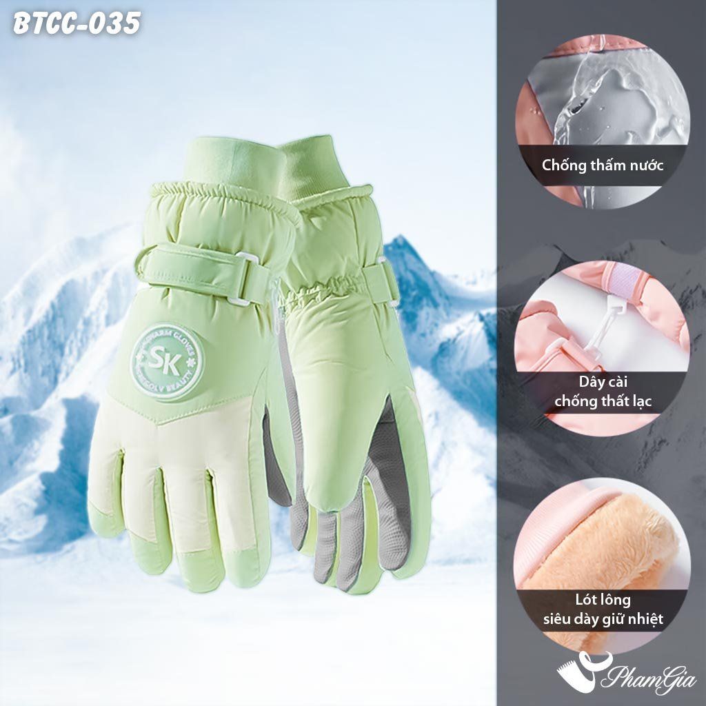 Găng Tay Phao Lót Lông 2 Lớp Siêu Dày Giữ Ấm Mùa Đông, Chống Thấm Nước Cao Cấp Màu Xanh Mint (BTCC035)