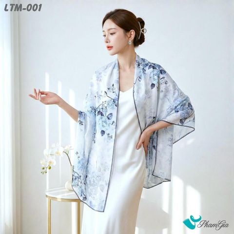 Khăn Choàng Lụa Trúc Mai Cao Cấp Họa Tiết Hoa Hồng Màu Xanh Sứ (LTM001)