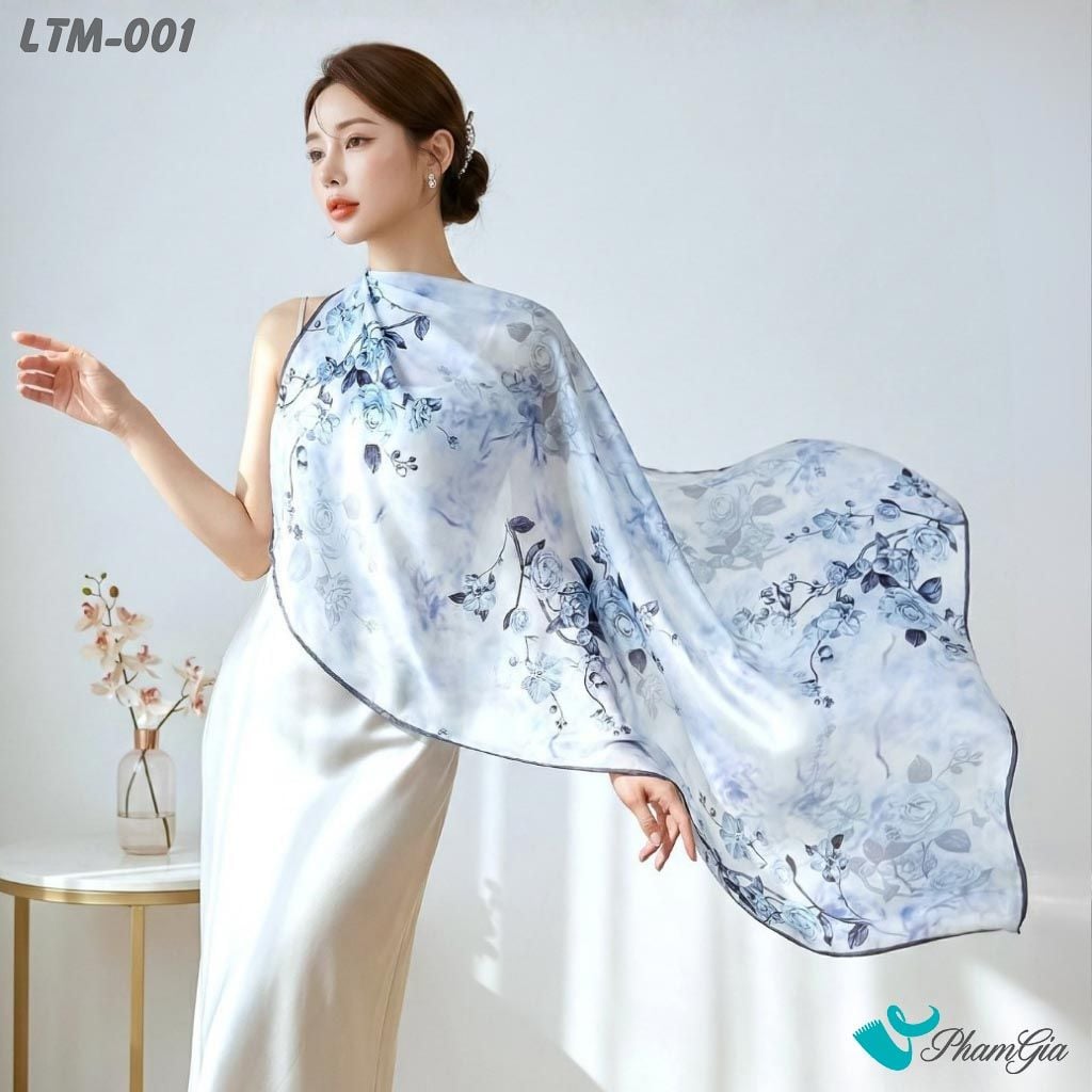 Khăn Choàng Lụa Trúc Mai Cao Cấp Họa Tiết Hoa Hồng Màu Xanh Sứ (LTM001)