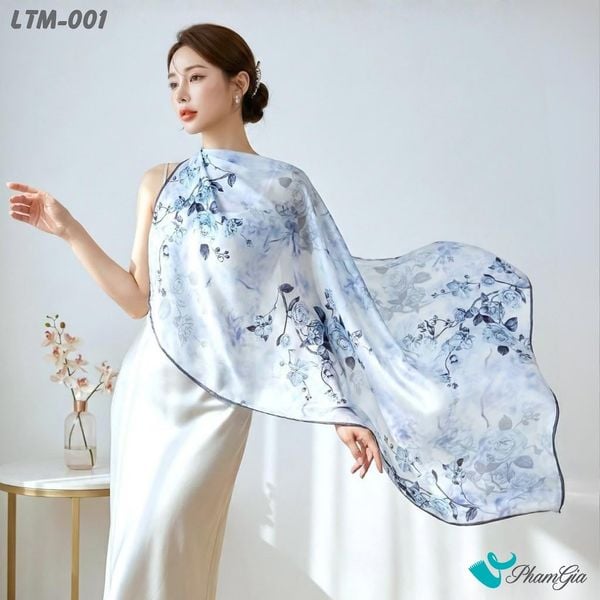 Khăn Choàng Lụa Trúc Mai Cao Cấp Họa Tiết Hoa Hồng Màu Xanh Sứ (LTM001)