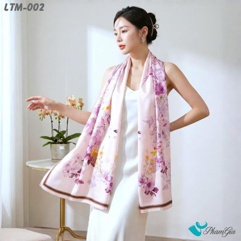 Khăn Choàng Lụa Trúc Mai Cao Cấp Họa Tiết Vườn Xuân Màu Tím Nhạt (LTM002)