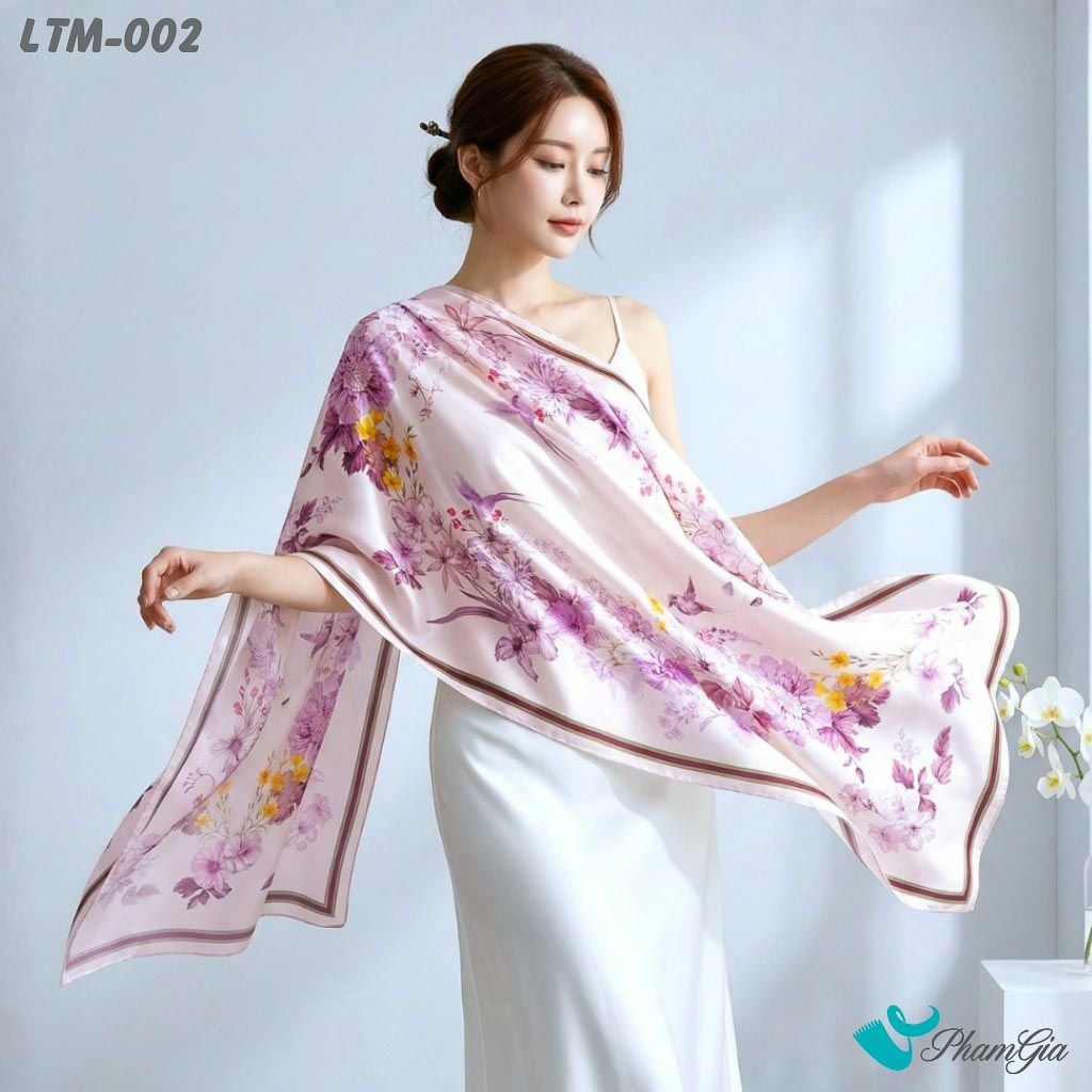 Khăn Choàng Lụa Trúc Mai Cao Cấp Họa Tiết Vườn Xuân Màu Tím Nhạt (LTM002)