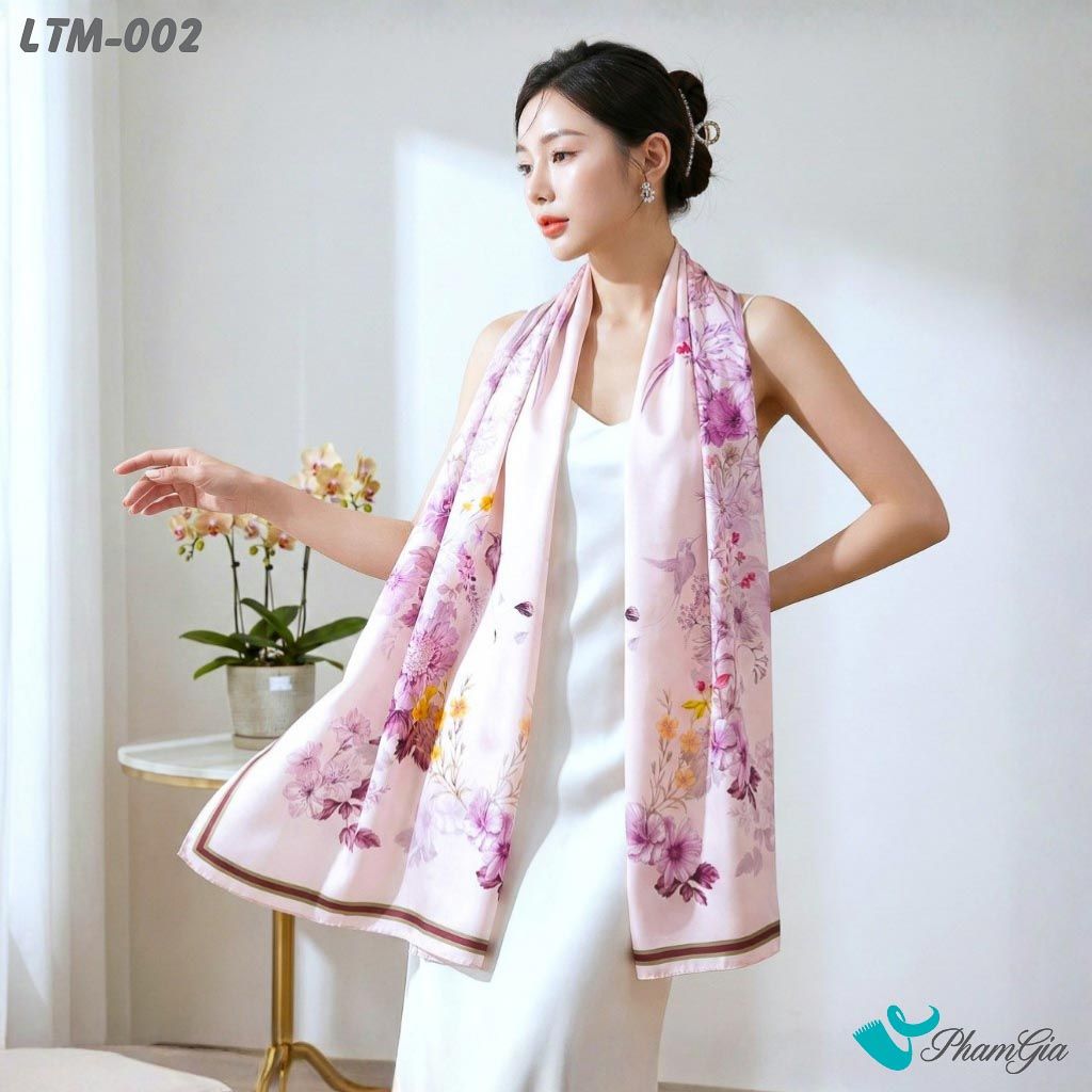 Khăn Choàng Lụa Trúc Mai Cao Cấp Họa Tiết Vườn Xuân Màu Tím Nhạt (LTM002)