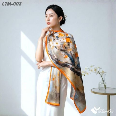 Khăn Choàng Lụa Trúc Mai Cao Cấp Họa Tiết Hoa Phong Lan Phối Viền Màu Cam (LTM003)