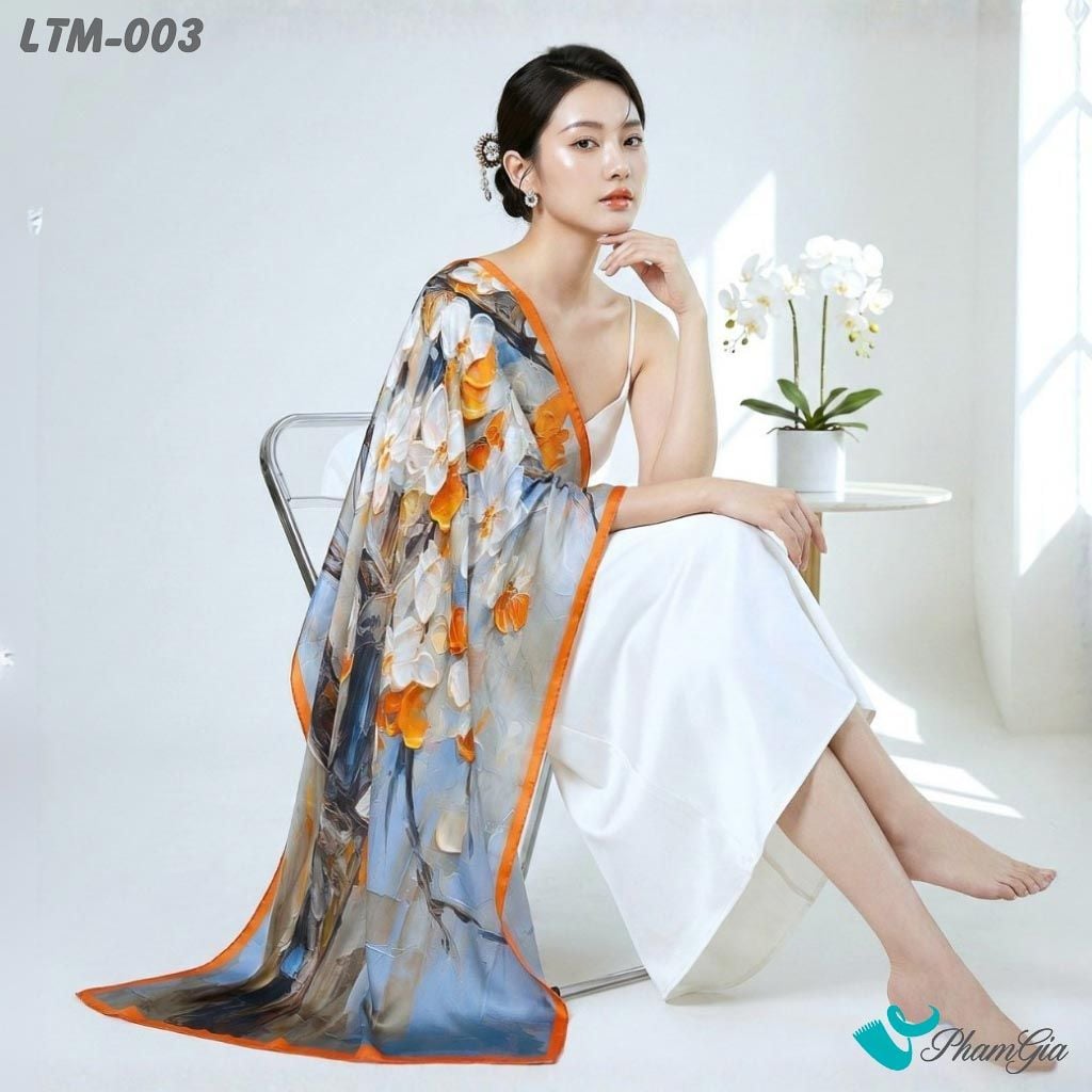 Khăn Choàng Lụa Trúc Mai Cao Cấp Họa Tiết Hoa Phong Lan Phối Viền Màu Cam (LTM003)