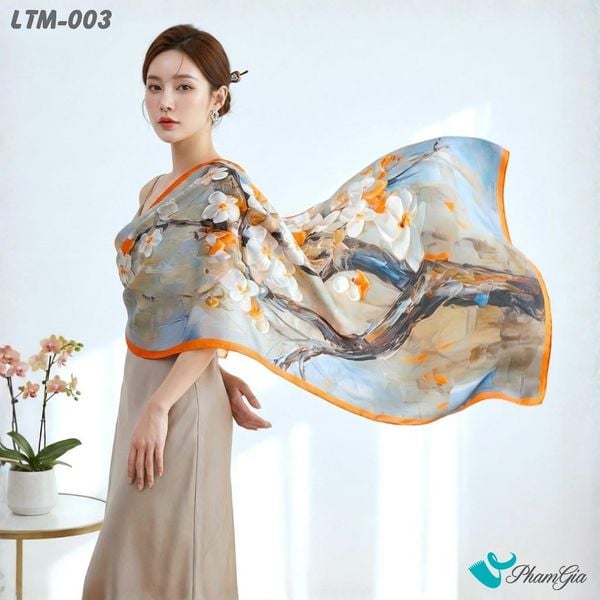 Khăn Choàng Lụa Trúc Mai Cao Cấp Họa Tiết Hoa Phong Lan Phối Viền Màu Cam (LTM003)