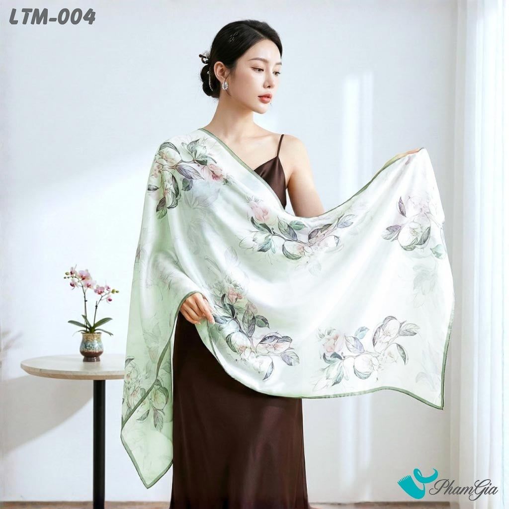 Khăn Choàng Lụa Trúc Mai Cao Cấp Họa Tiết Hoa Trà My Trắng Phối Màu Xanh Ngọc (LTM004)