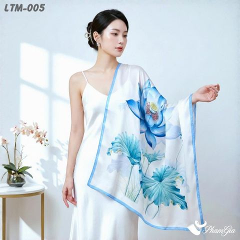 Khăn Choàng Lụa Trúc Mai Cao Cấp Họa Tiết Hoa Sen Phối Viền Màu Xanh (LTM005)