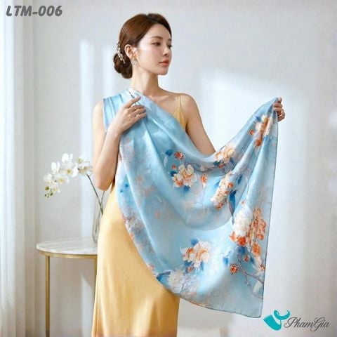 Khăn Choàng Lụa Trúc Mai Cao Cấp Họa Tiết Hoa Hải Đường Màu Xanh Ngọc Bích (LTM006)