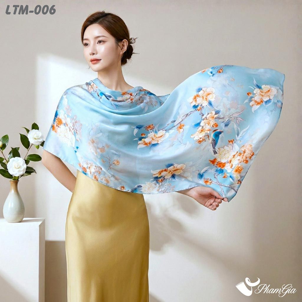 Khăn Choàng Lụa Trúc Mai Cao Cấp Họa Tiết Hoa Hải Đường Màu Xanh Ngọc Bích (LTM006)