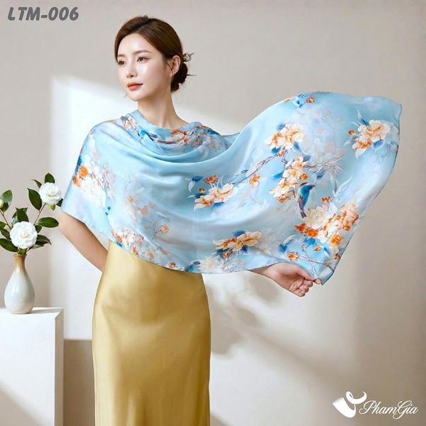 Khăn Choàng Lụa Trúc Mai Cao Cấp Họa Tiết Hoa Hải Đường Màu Xanh Ngọc Bích (LTM006)