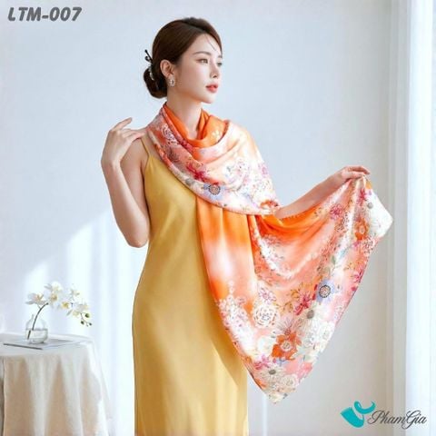 Khăn Choàng Lụa Trúc Mai Cao Cấp Họa Tiết Bách Hoa Phú Quý Màu Cam (LTM007)