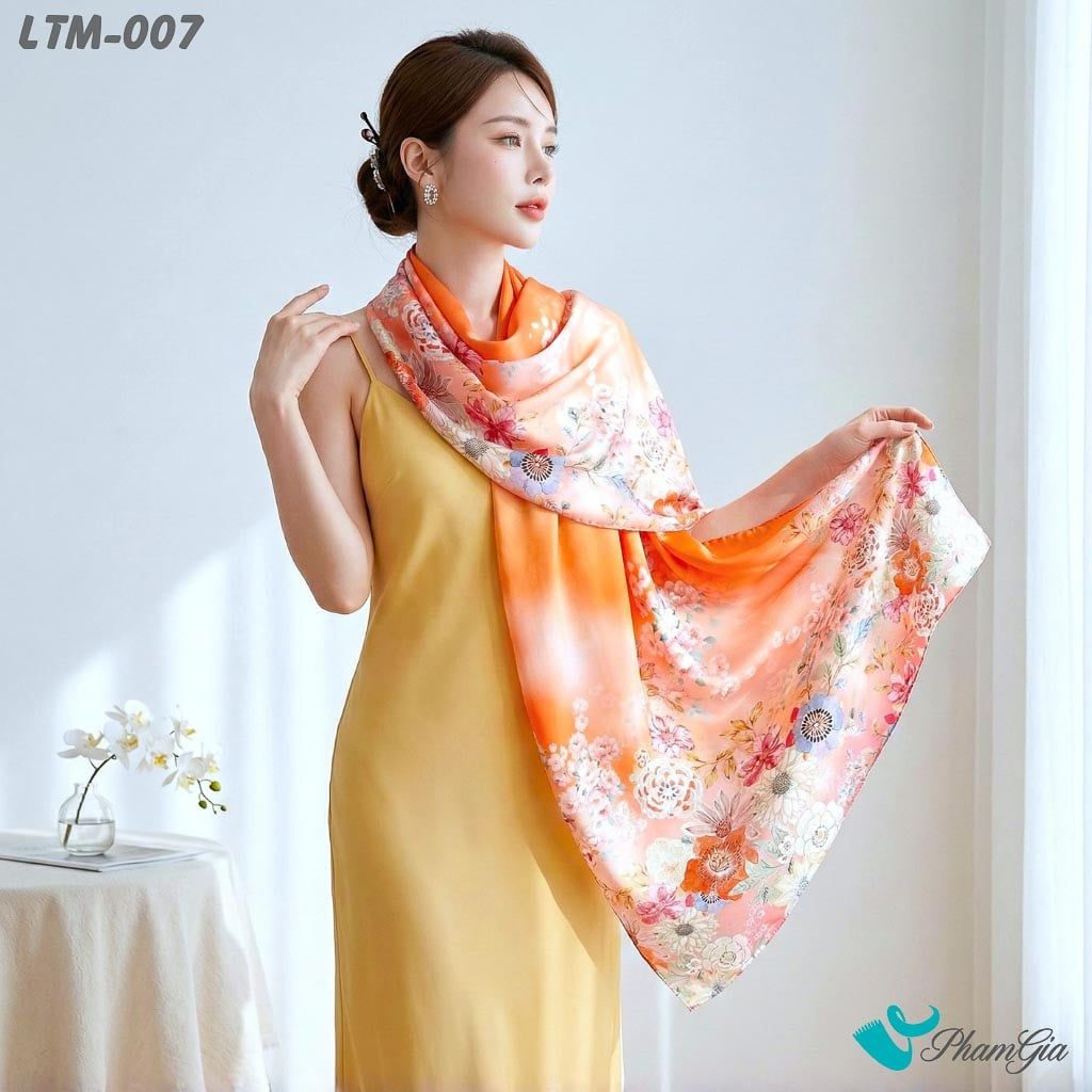 Khăn Choàng Lụa Trúc Mai Cao Cấp Họa Tiết Bách Hoa Phú Quý Màu Cam (LTM007)