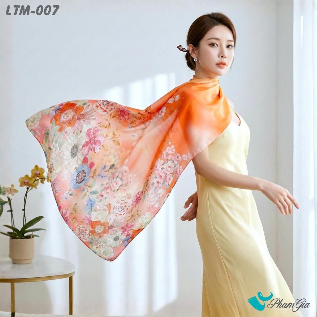 Khăn Choàng Lụa Trúc Mai Cao Cấp Họa Tiết Bách Hoa Phú Quý Màu Cam (LTM007)