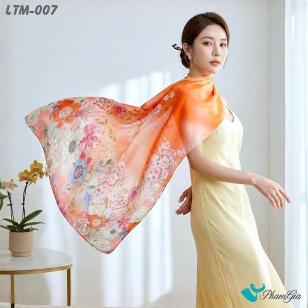 Khăn Choàng Lụa Trúc Mai Cao Cấp Họa Tiết Bách Hoa Phú Quý Màu Cam (LTM007)