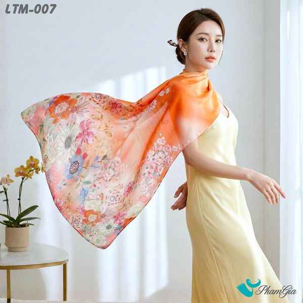 Khăn Choàng Lụa Trúc Mai Cao Cấp Họa Tiết Bách Hoa Phú Quý Màu Cam (LTM007)