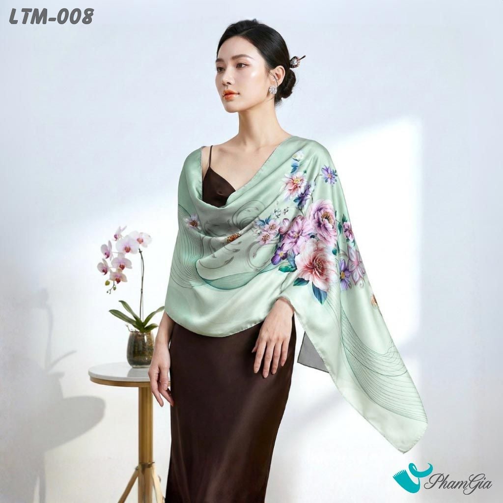 Khăn Choàng Lụa Trúc Mai Cao Cấp Họa Tiết Vũ Khúc Mẫu Đơn Màu Xám Ngọc Trai (LTM008)