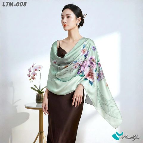 Khăn Choàng Lụa Trúc Mai Cao Cấp Họa Tiết Vũ Khúc Mẫu Đơn Màu Xám Ngọc Trai (LTM008)
