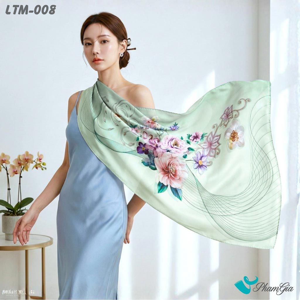 Khăn Choàng Lụa Trúc Mai Cao Cấp Họa Tiết Vũ Khúc Mẫu Đơn Màu Xám Ngọc Trai (LTM008)