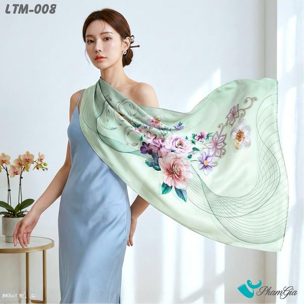 Khăn Choàng Lụa Trúc Mai Cao Cấp Họa Tiết Vũ Khúc Mẫu Đơn Màu Xám Ngọc Trai (LTM008)