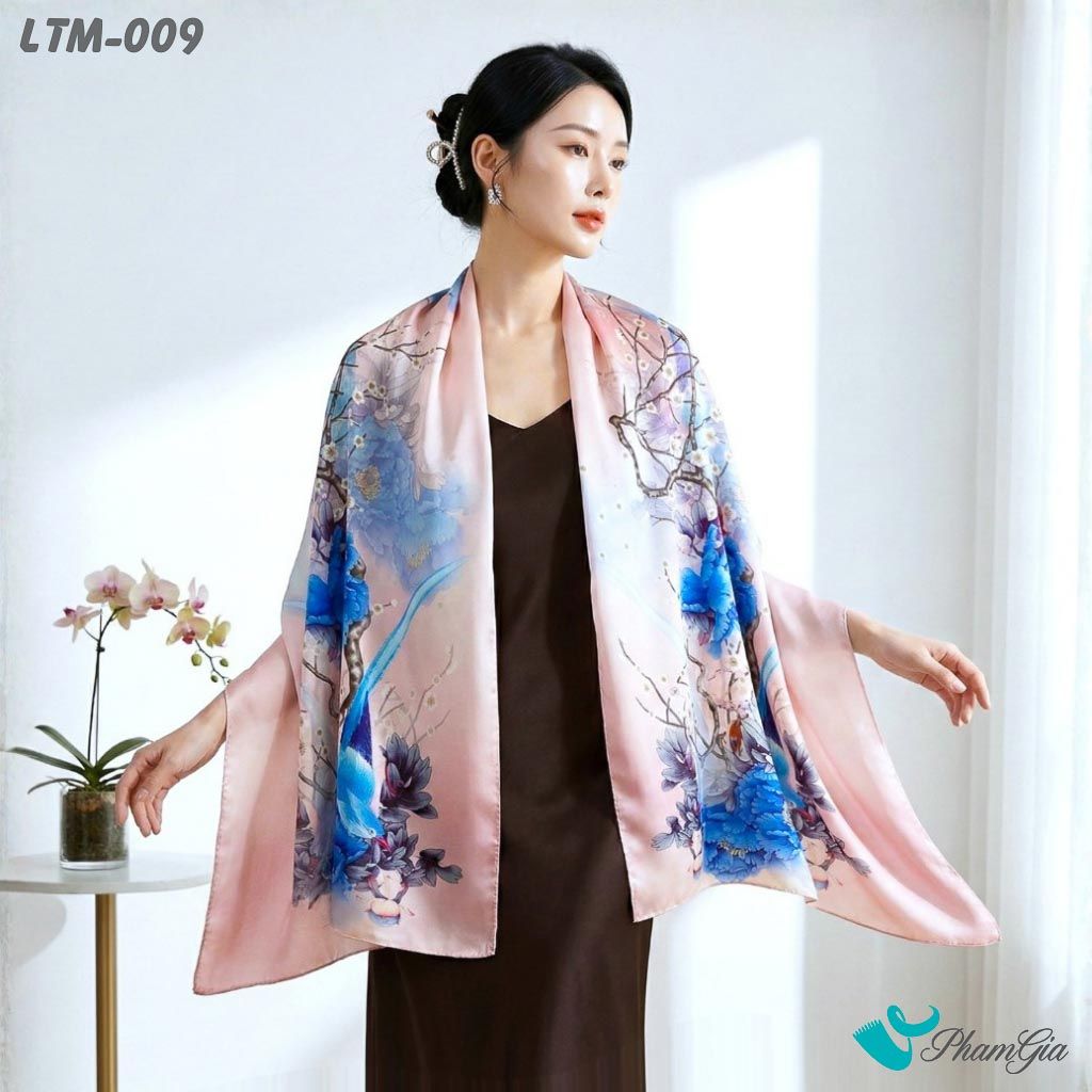Khăn Choàng Lụa Trúc Mai Cao Cấp Họa Tiết Thanh Điểu Mẫu Đơn Màu Hồng Phấn (LTM009)